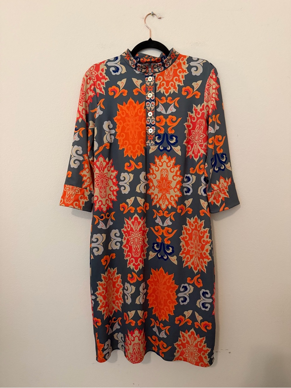 Gretchen Scott Dark Gray & Orange Print Mandarin Collar Dress Size Medium
